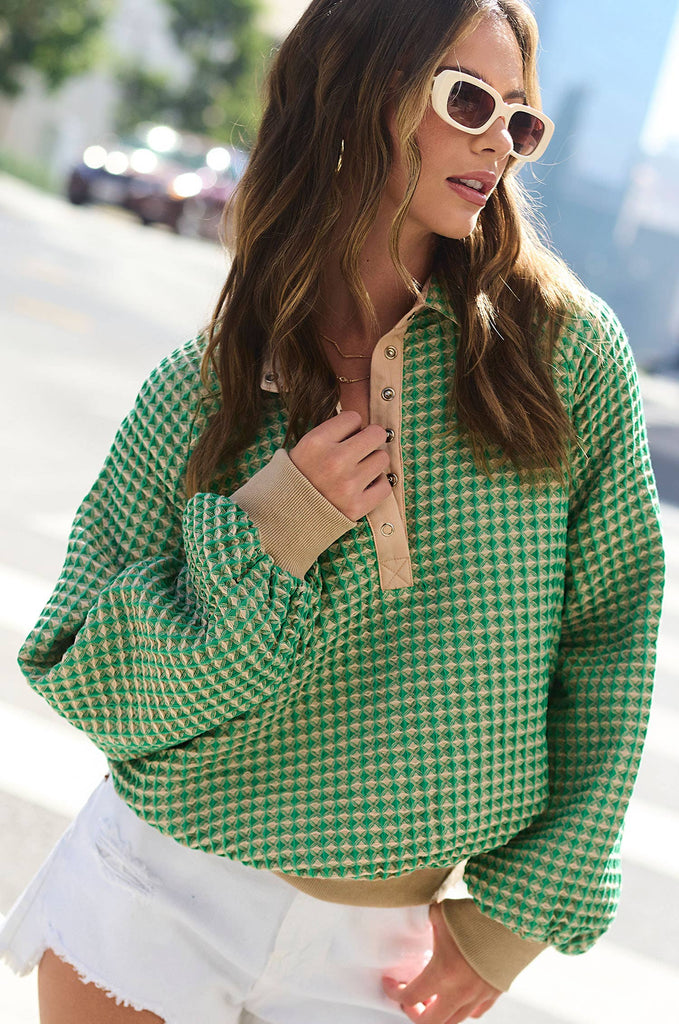 Unique Two Tone Textured Snap Button Front Top