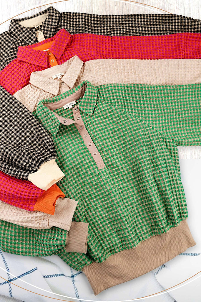 Unique Two Tone Textured Snap Button Front Top