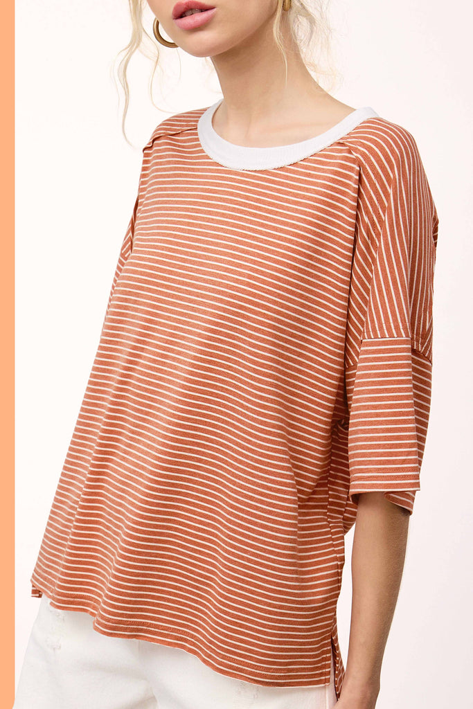 Red Striped Drop Shoulder Short Sleeves Top