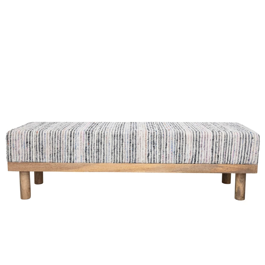 Mango Wood Bench with Upholstered Woven Cotton Dhurrie Top