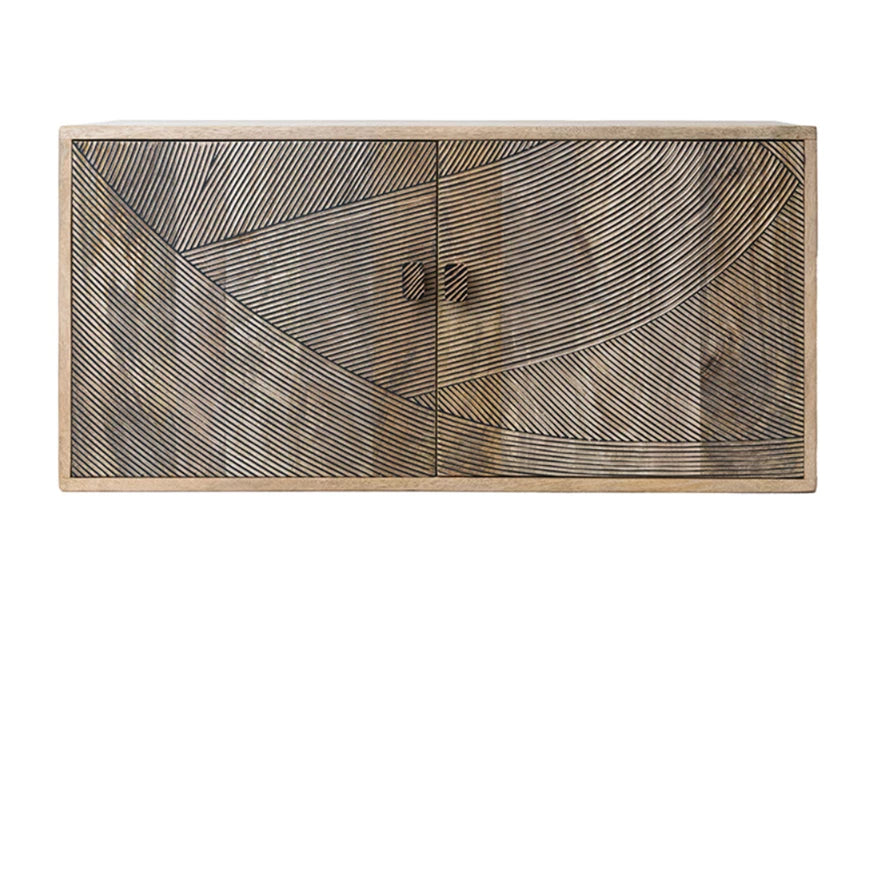 Mango Wood Wall Cabinet w/ Carved Design, 2 Shelves, 2 Interior Hooks & Soft Close Doors