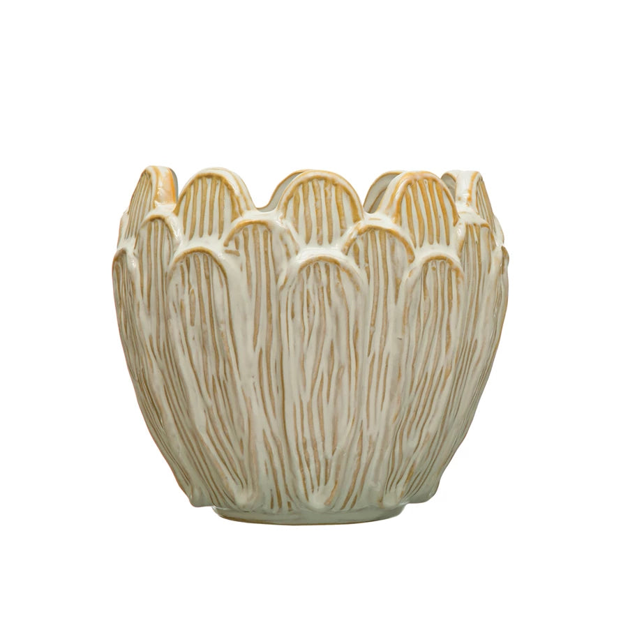 Debossed Stoneware Flower Shaped Planter, Reactive Glaze (Each One Will Vary)