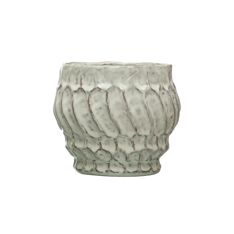 Embossed Stoneware Planter, Reactive Glaze, White (Each One Will Vary)
