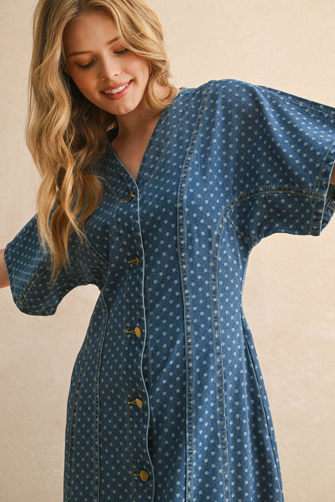 D5177   DOT PRINT DETAIL BUTTON FRONT DRESS