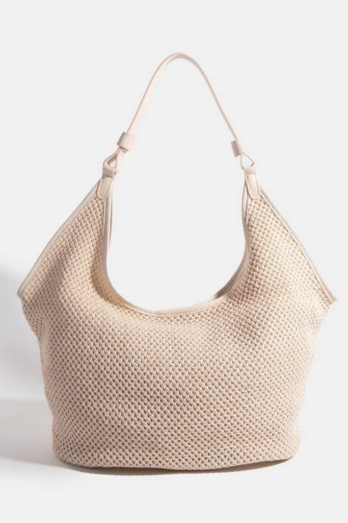 Large Faux Leather Accents Knitted Hobo Shoulder Bag