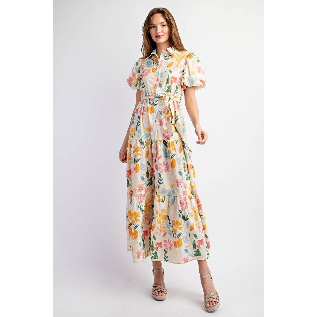 COTTON FLORAL PRINT SHIRT TIERED MAXI DRESS WITH PUFF SLEEVE