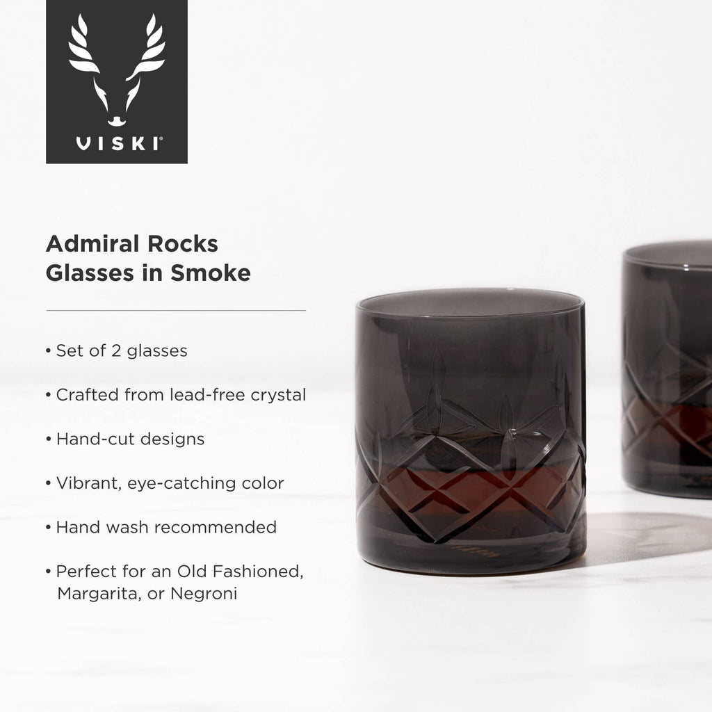 Admiral™ Hand-Etched Crystal Rocks Glasses - Smoke -Set of 2