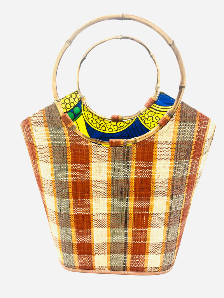 Carmen Gingham Straw Bucket Bag with Bamboo Handles