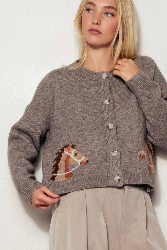 Western Horse Graphic Ribbed Trim Crew Neck Cardigan
