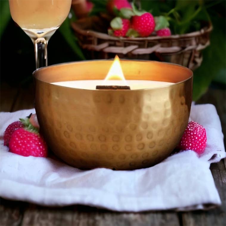 Champagne & Pink Raspberries-Solid Brass14oz Pure Soy Candle