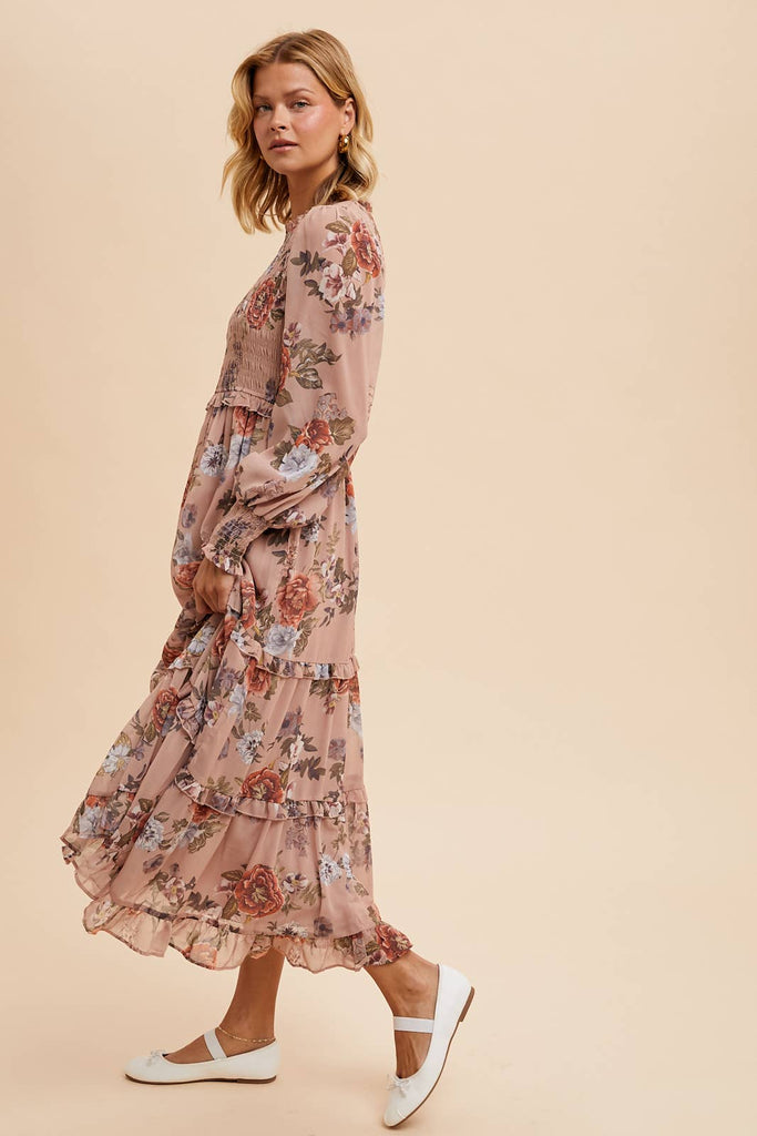 SMOCKED LONG SLEEVE FLORAL DRESS