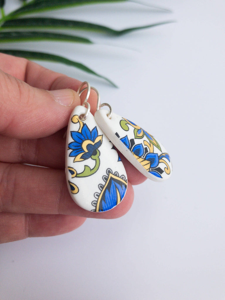 Tear Drop Porcelain Dangle Earrings With Paisley Design