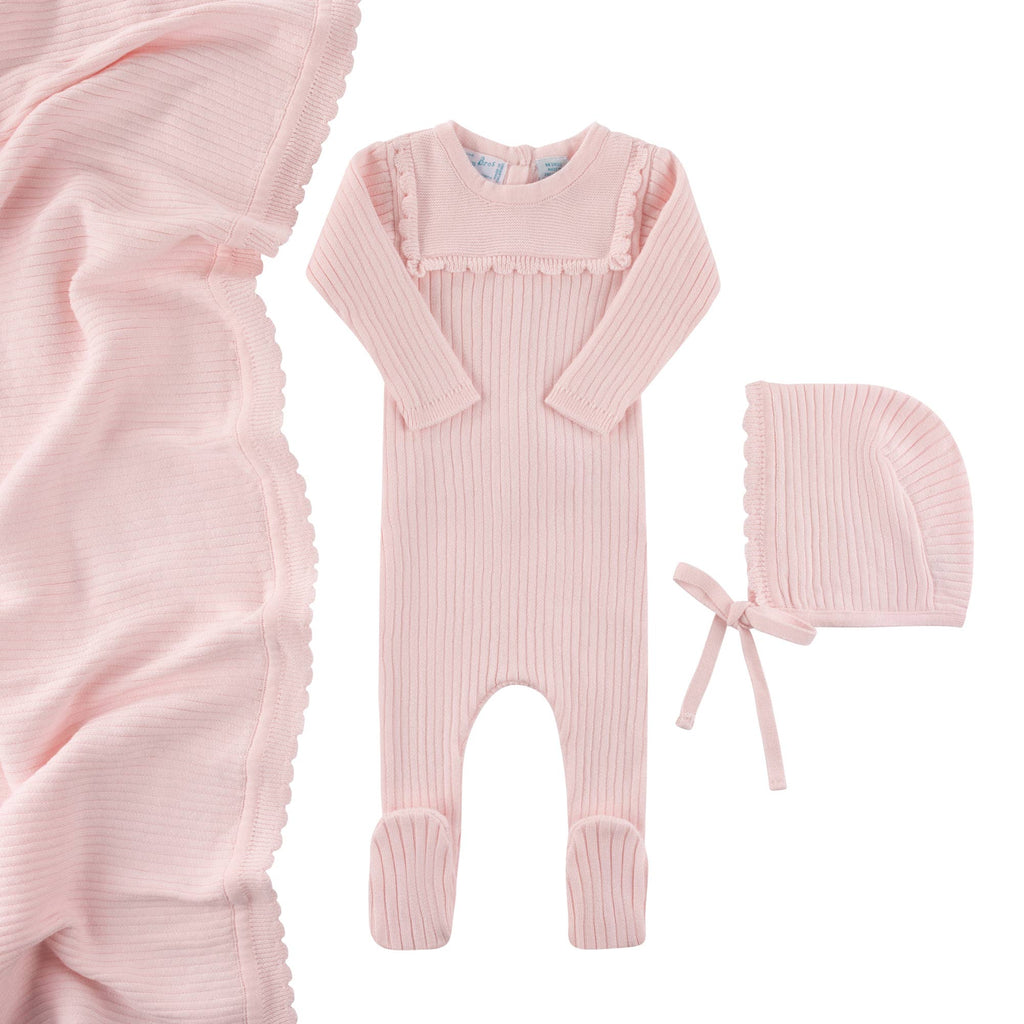 Baby Boys & Girls Scallop Trimmed Rib Knit Romper & Bonnet