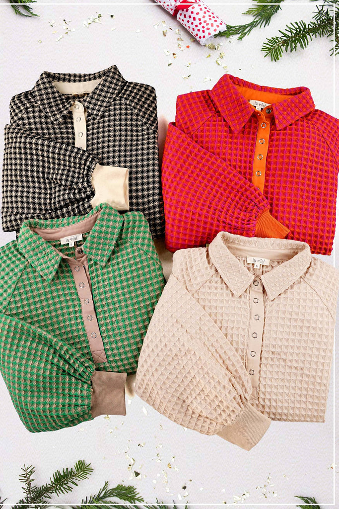 Unique Two Tone Textured Snap Button Front Top