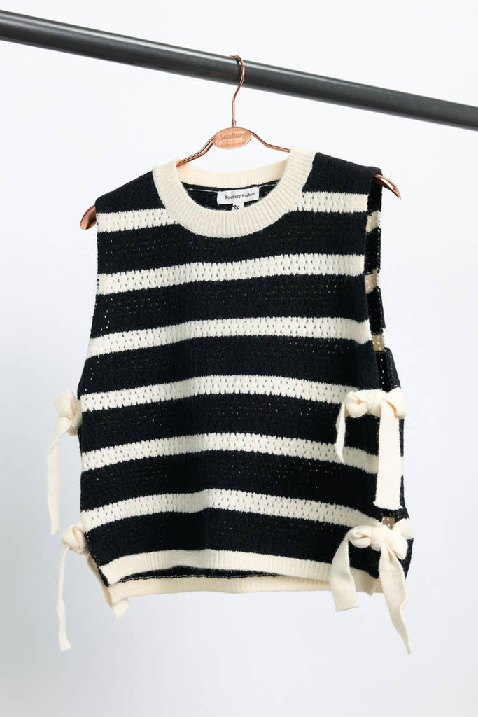 11297-Striped Knit Vest with Side Ribbon Detail