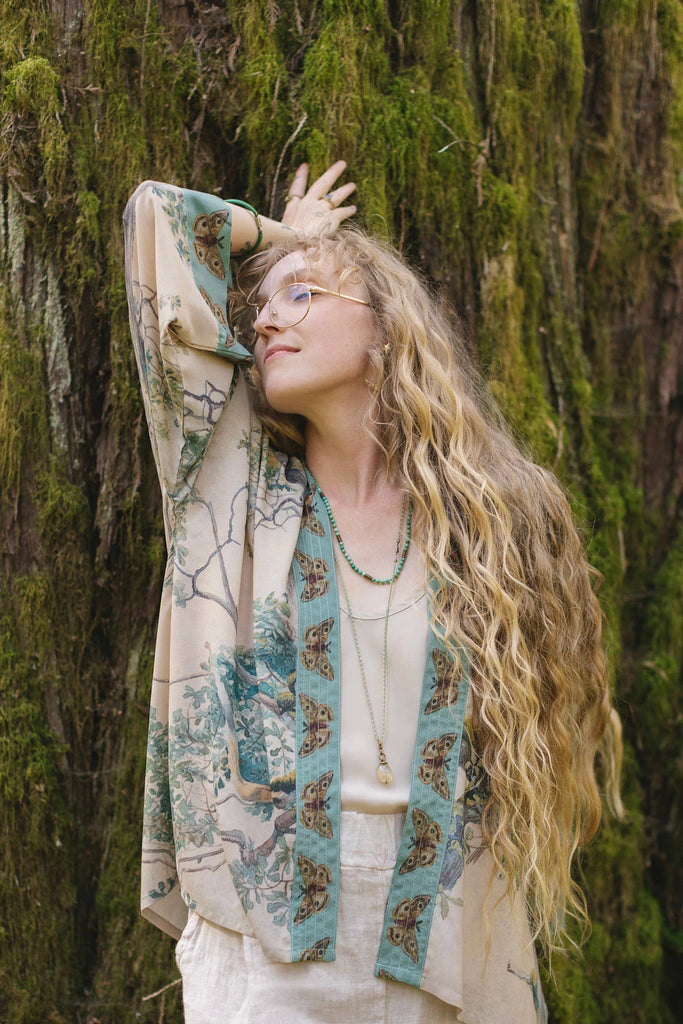 Earth and Sky Cropped Bamboo Kimono Cardigan with Tree Print