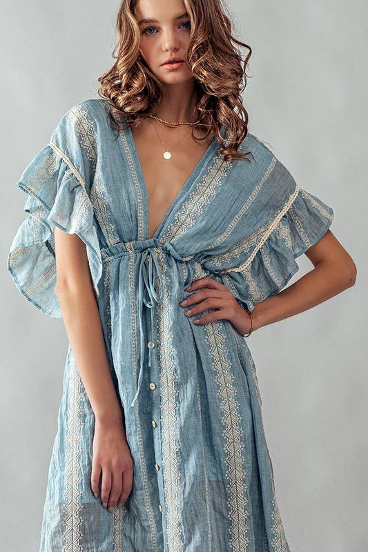 DEEP V NECK LACE EMBROIDERY MAXI DRESS