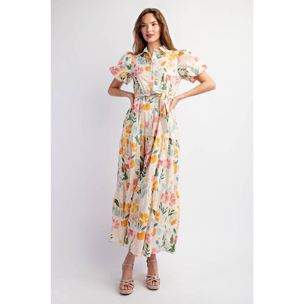 COTTON FLORAL PRINT SHIRT TIERED MAXI DRESS WITH PUFF SLEEVE