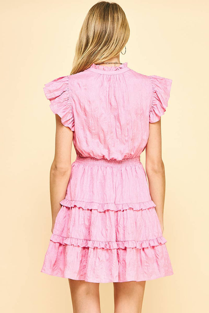 CRINKLED TIERED MINI DRESS - PINK: