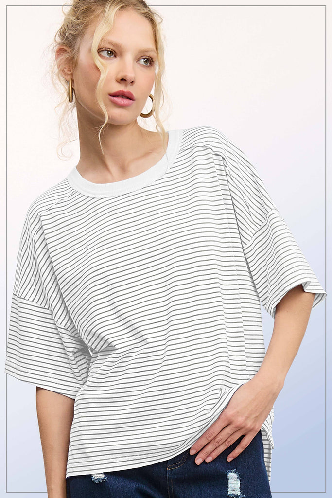 Red Striped Drop Shoulder Short Sleeves Top