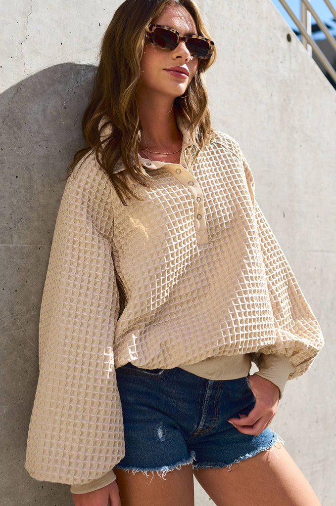 Unique Two Tone Textured Snap Button Front Top