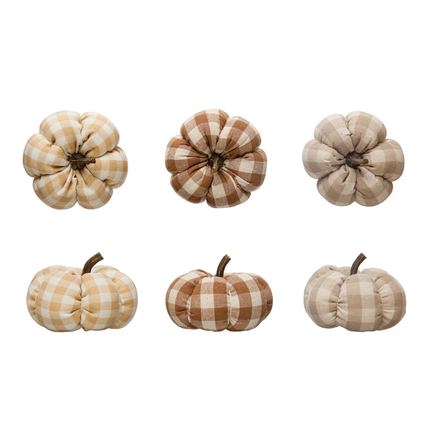 3" Round x 2"H Fabric Check Pumpkin w/ Resin Stem, 3 Colors