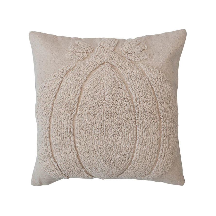 18" Square Cotton Slub Tufted Pillow w/ Pumpkin & Chambray Back, Cream Color