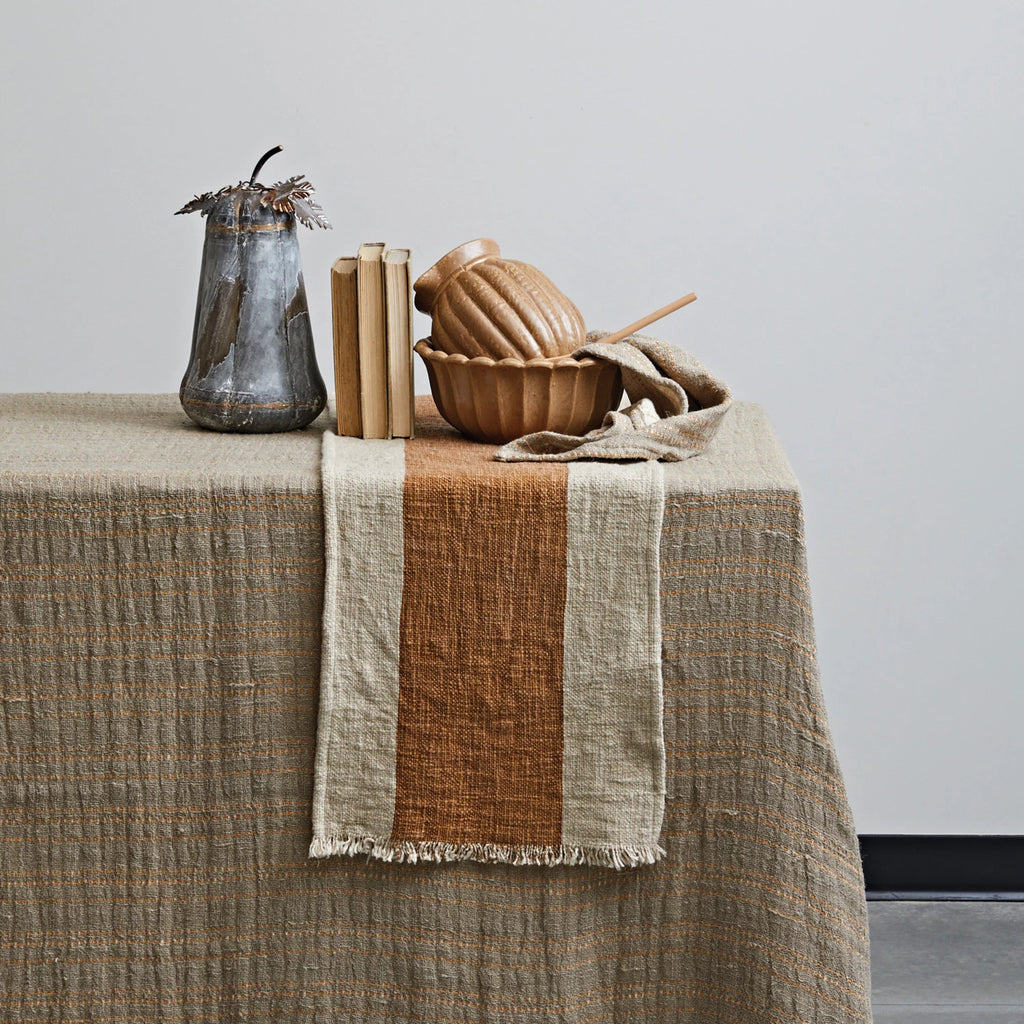 72"L x 14"W Cotton & Linen Table Runner w/ Stripe & Fringe, Natural & Brown