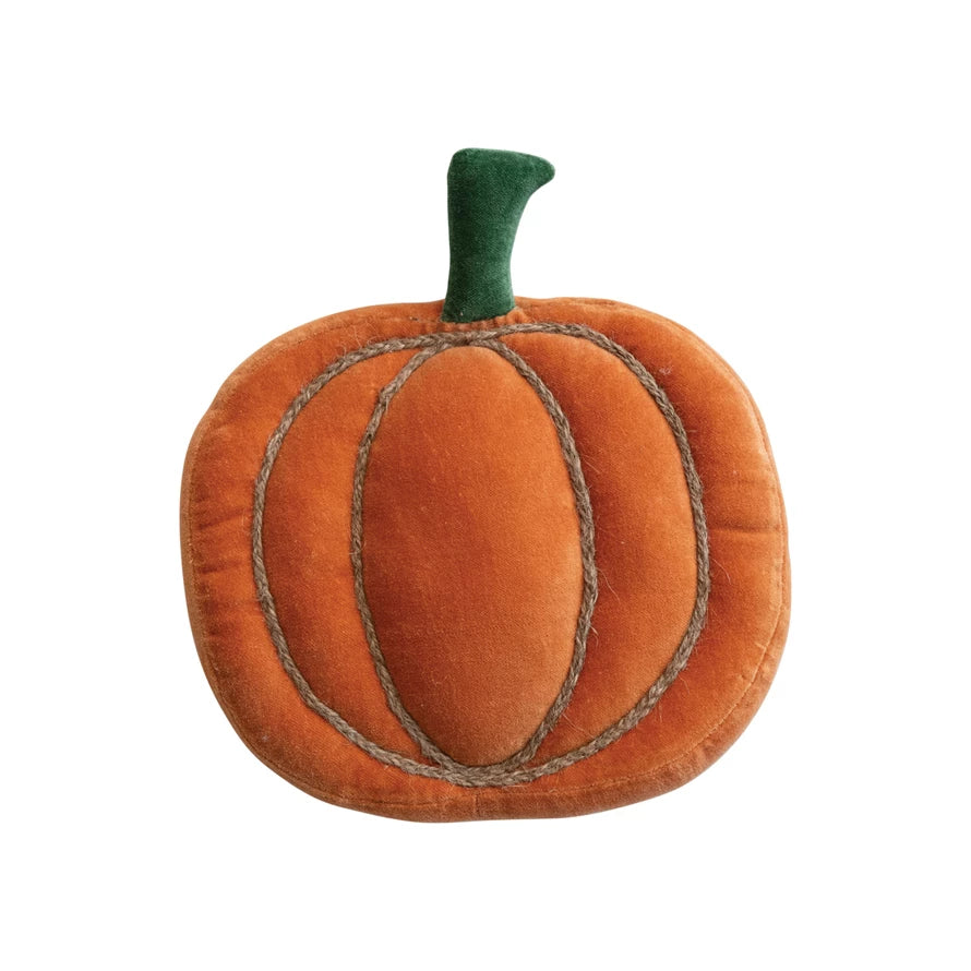 Woven Cotton Velvet Pumpkin Shaped Pillow w/ Jute Rope Embroidery