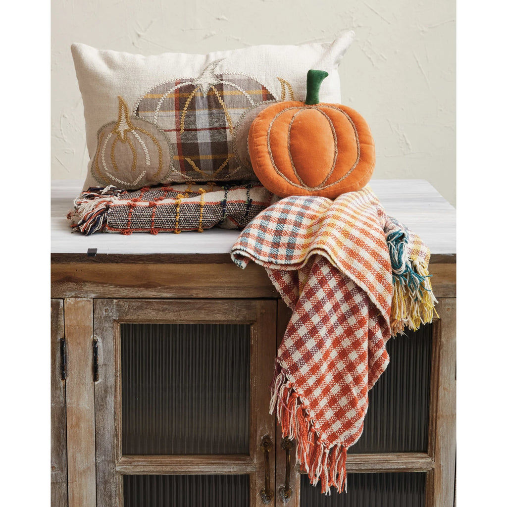 Woven Cotton Velvet Pumpkin Shaped Pillow w/ Jute Rope Embroidery