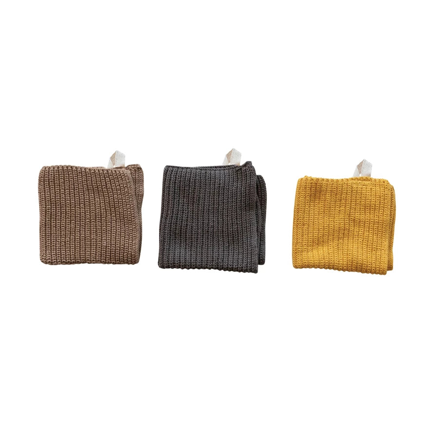 Cotton Knit Dish Cloths w/ Loop, Grey, Beige & Mustard Color, Set of 3