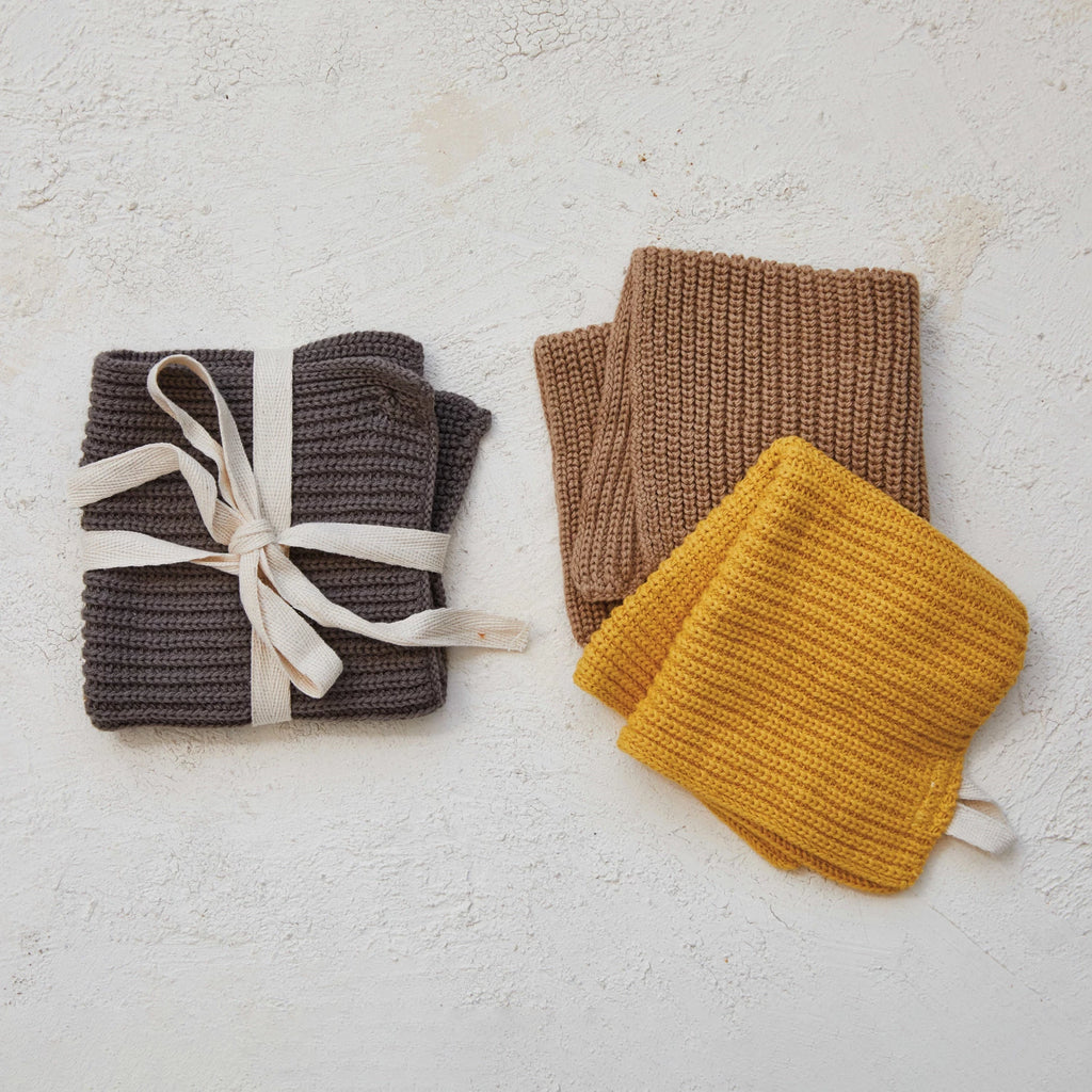 Cotton Knit Dish Cloths w/ Loop, Grey, Beige & Mustard Color, Set of 3