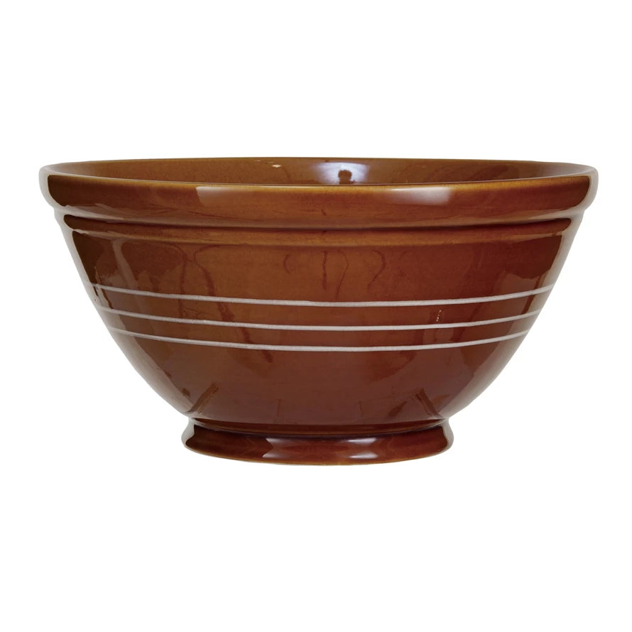 3 Quart Stoneware Mixing Bowl w/ Lines, Reactive Glaze, Brown (Each One Will Vary)