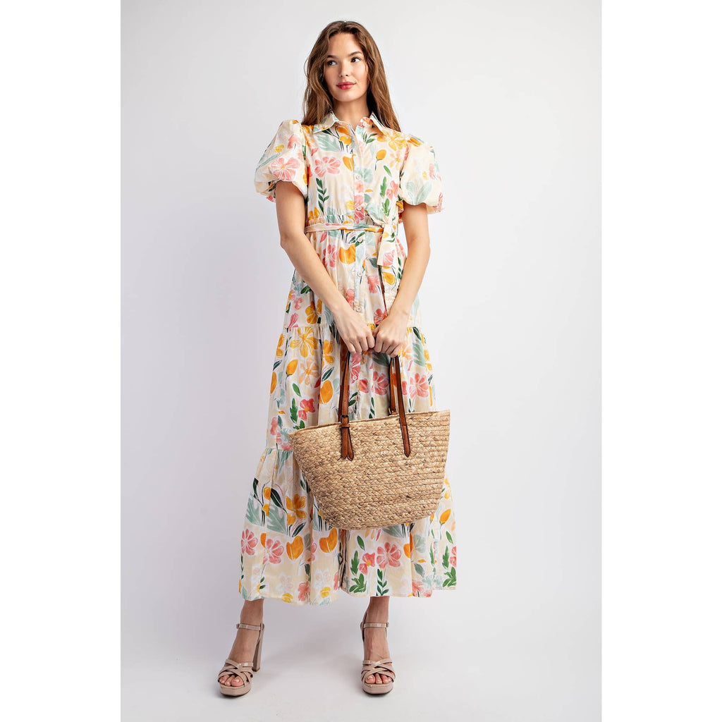 COTTON FLORAL PRINT SHIRT TIERED MAXI DRESS WITH PUFF SLEEVE