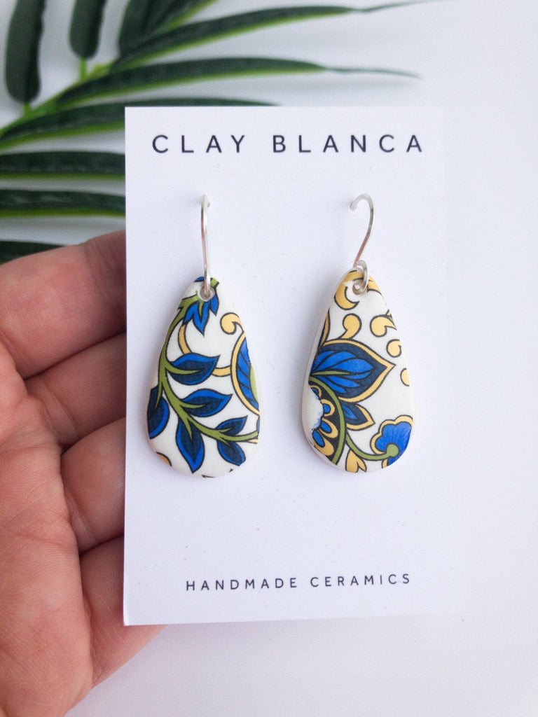 Tear Drop Porcelain Dangle Earrings With Paisley Design