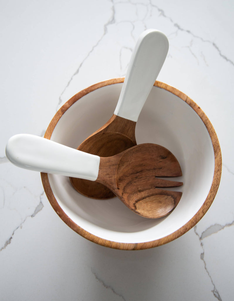 Wood + White Collection, Medium Salad Bowl & Servers Set