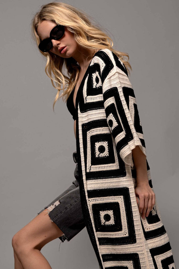 Geometric Crochet Midi Length Open Front Cardigan