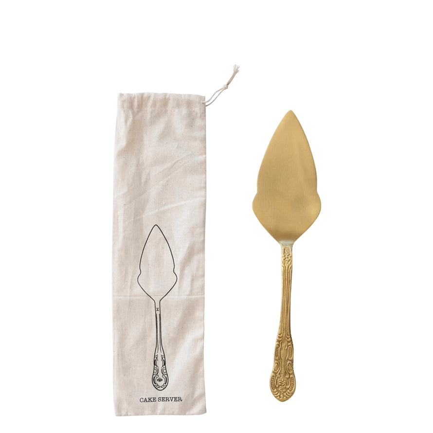 Brass Cake Server in Printed Drawstring Bag