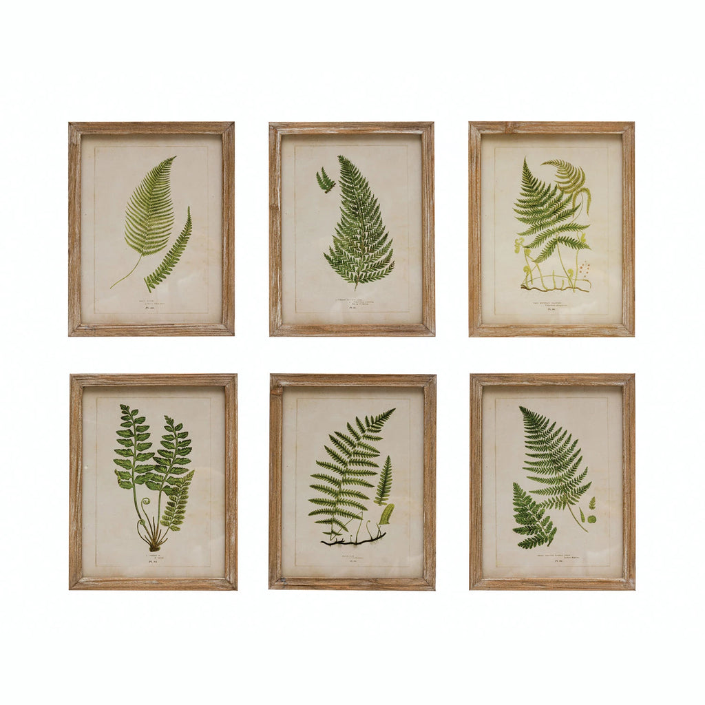 Wood Framed Glass Wall Décor with Fern Fronds Image, 6 Styles