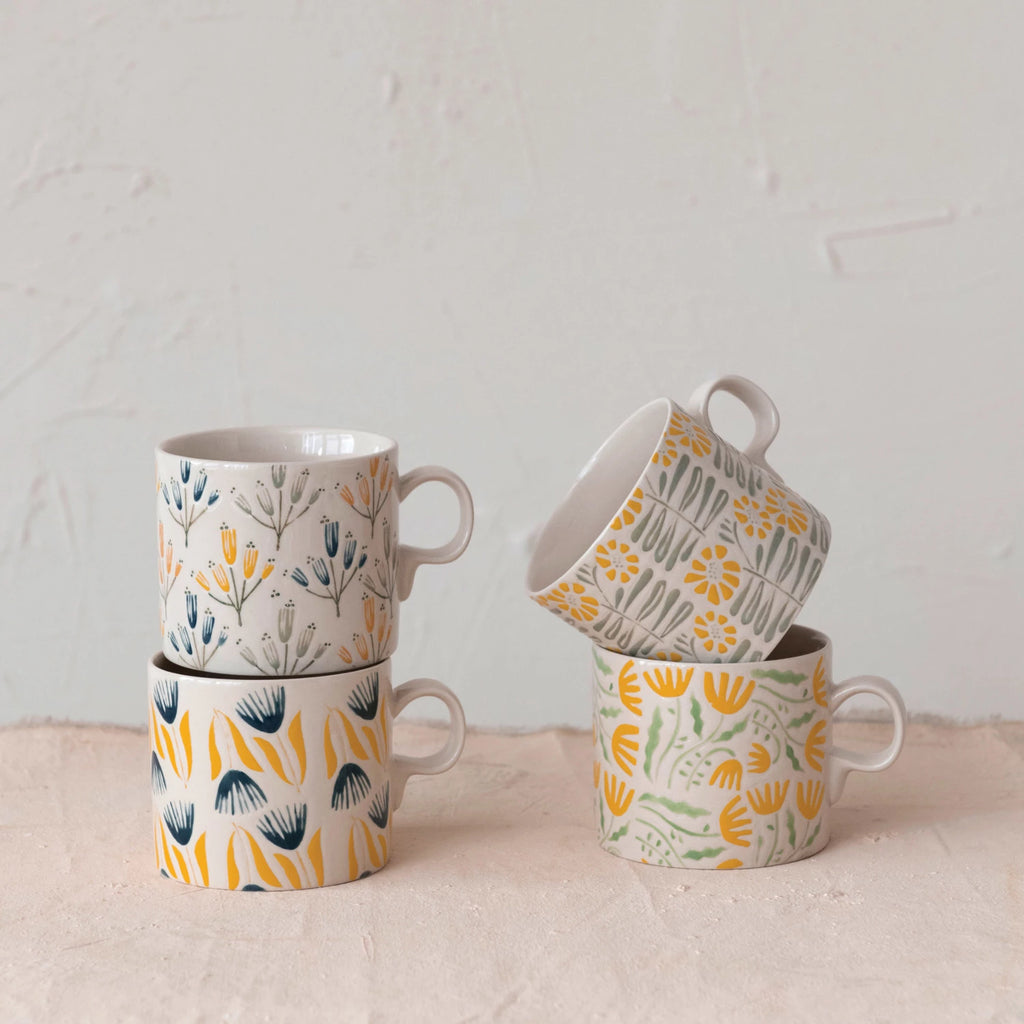 Hand-Painted Stoneware Mug w/ Wax Relief Flowers, 4 Styles