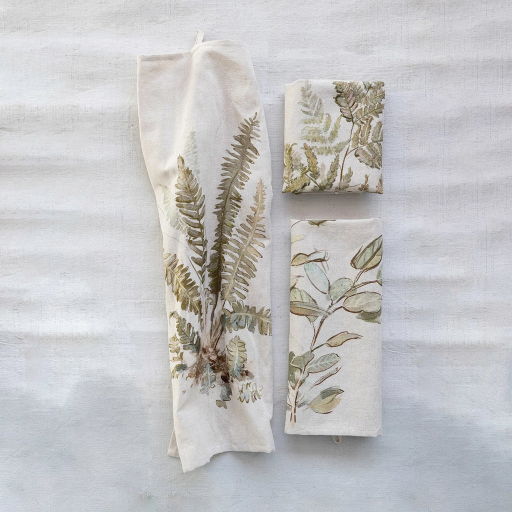 Cotton & Linen Printed Tea Towel w/ Botanical Image & Loop, 3 Styles