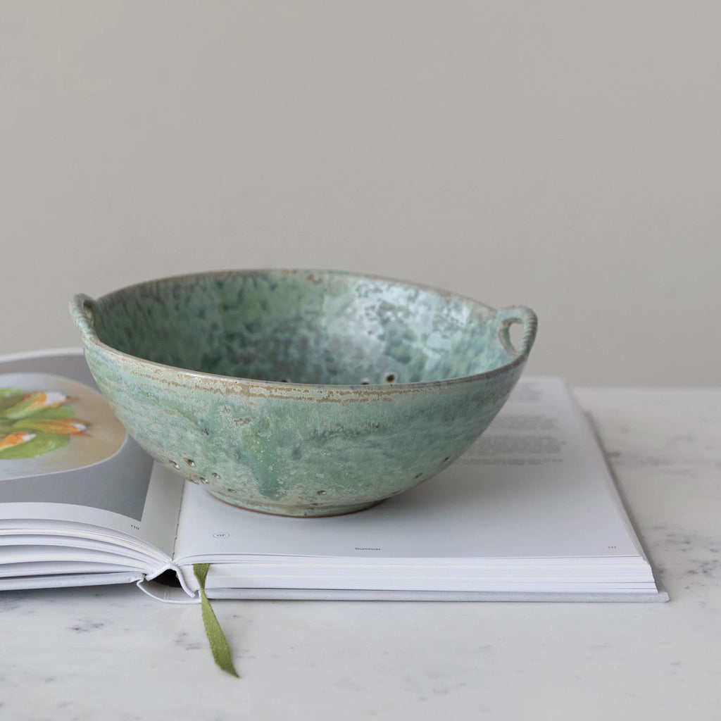 Stoneware Berry Bowl w/ Handles, Aqua (Each One Will Vary)