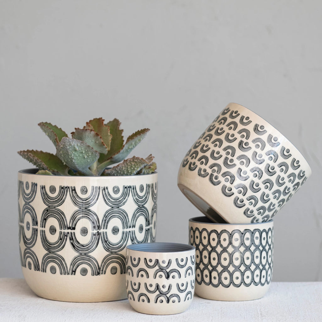 Hand-Painted Stoneware Planters w/ Patterns, Cream Color & Black, 4 styles