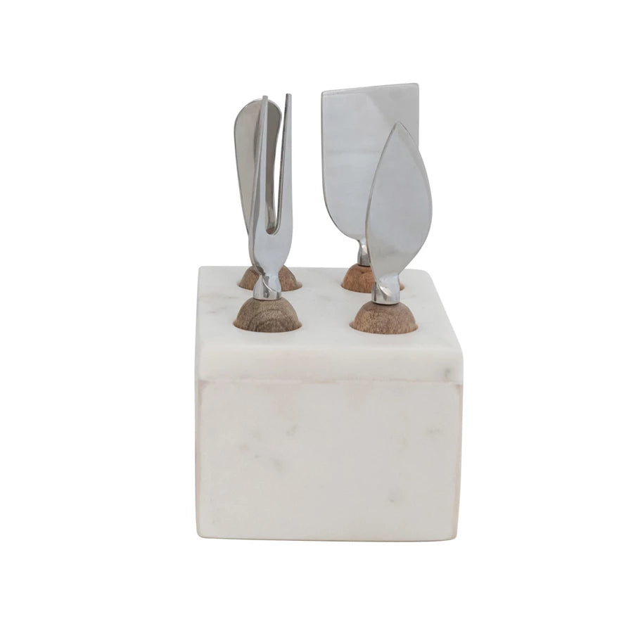 Stainless Steel Cheese Servers w/ Mango Wood Handles & Marble Stand, White & Natural, Set of 5