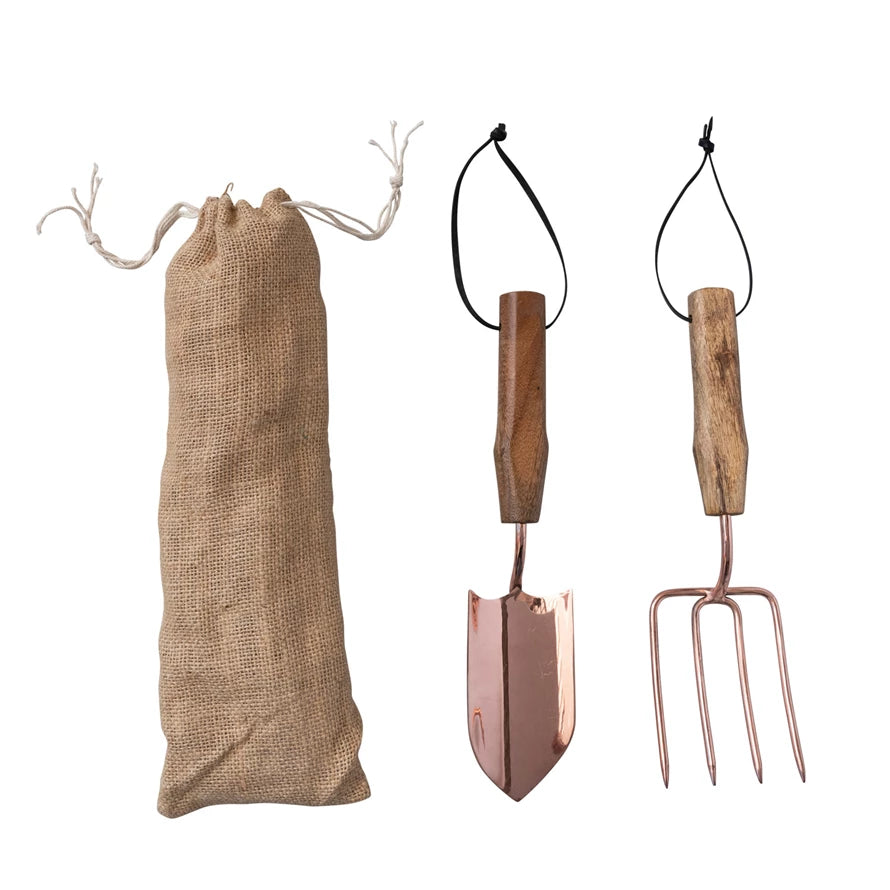 Stainless Steel Garden Tools w/ Mango Wood Handles & Leather Ties, Set of 2 in Drawstring Bag