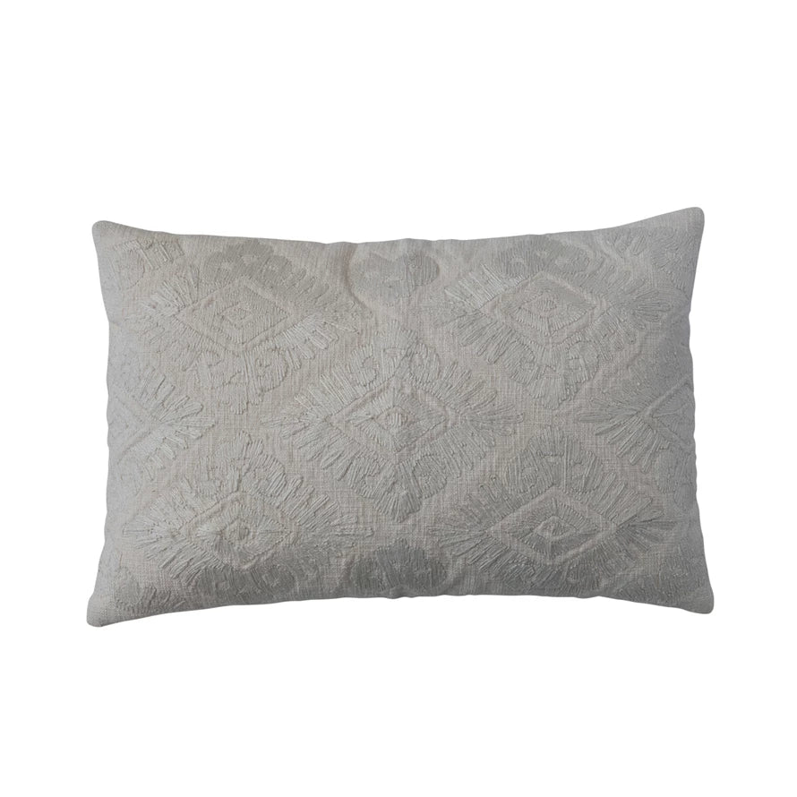 Cotton Slub Embroidered Lumbar Pillow w/ Pattern & Chambray Back, Polyester Fill