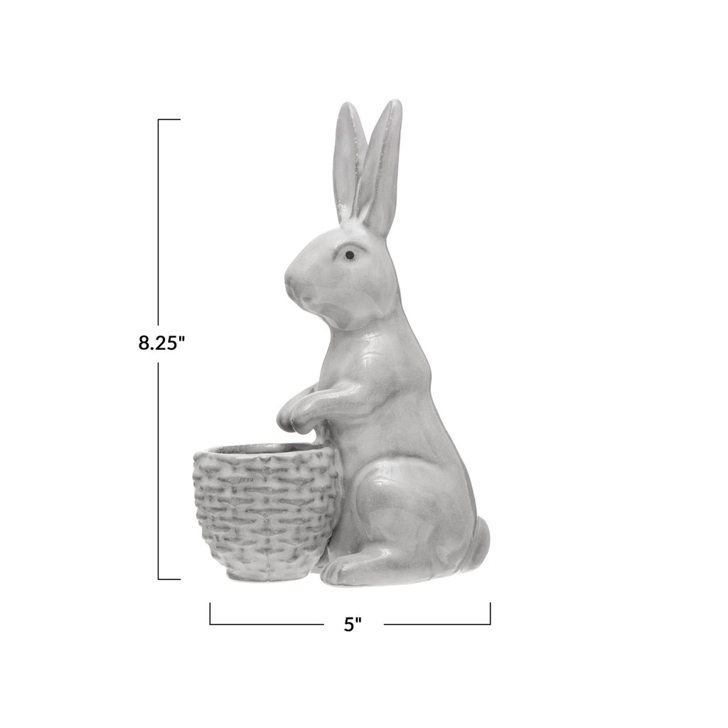 Stoneware Rabbit w/ Embossed Planter, Reactive Glaze, White (Each One Will Vary)
