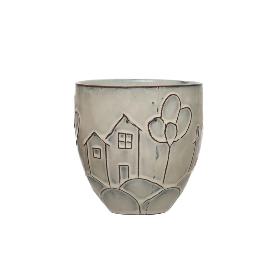 Debossed Stoneware Planter (Holds 4" Pot) (Each One Will Vary)