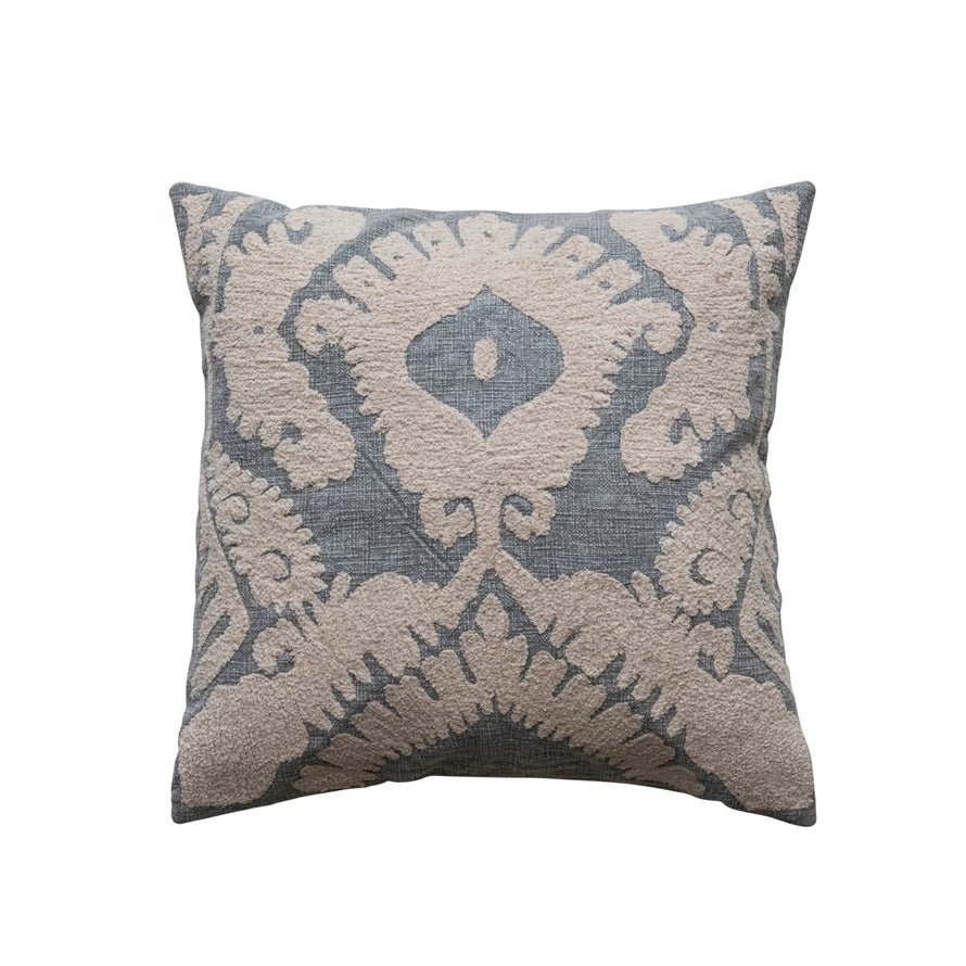 20" Square Cotton Slub Tufted Pillow w/ Damask Pattern