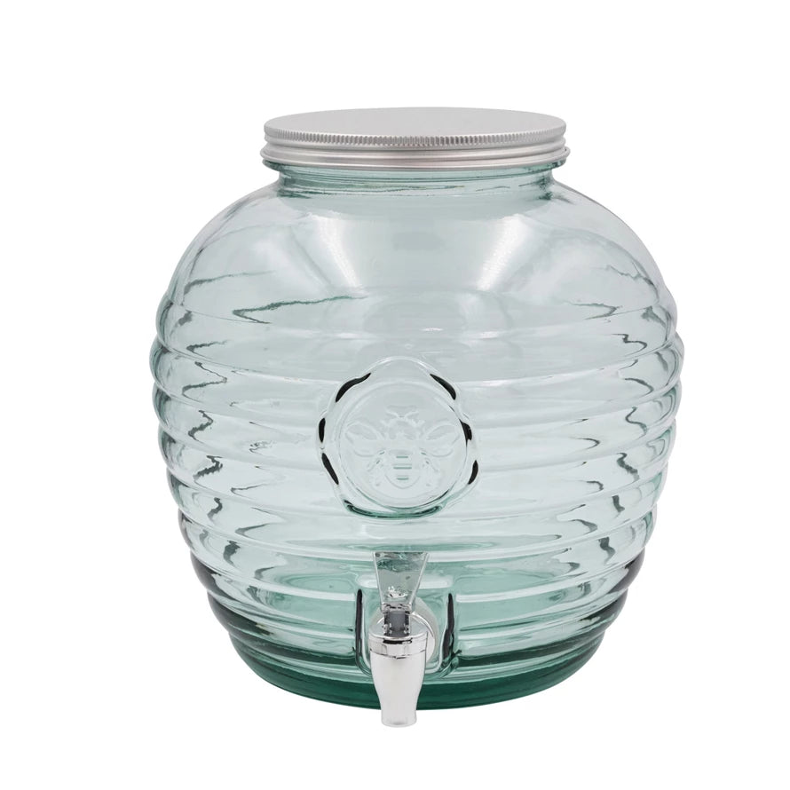 8 Quart Recycled Glass Ribbed Beverage Dispenser w/ Embossed Bee & Spout